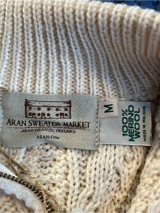 ARAN SWEATER MARKET Irish Knit 100% Wool Cream Cable Knit Half-Zip Sweater - Picture 6 of 14